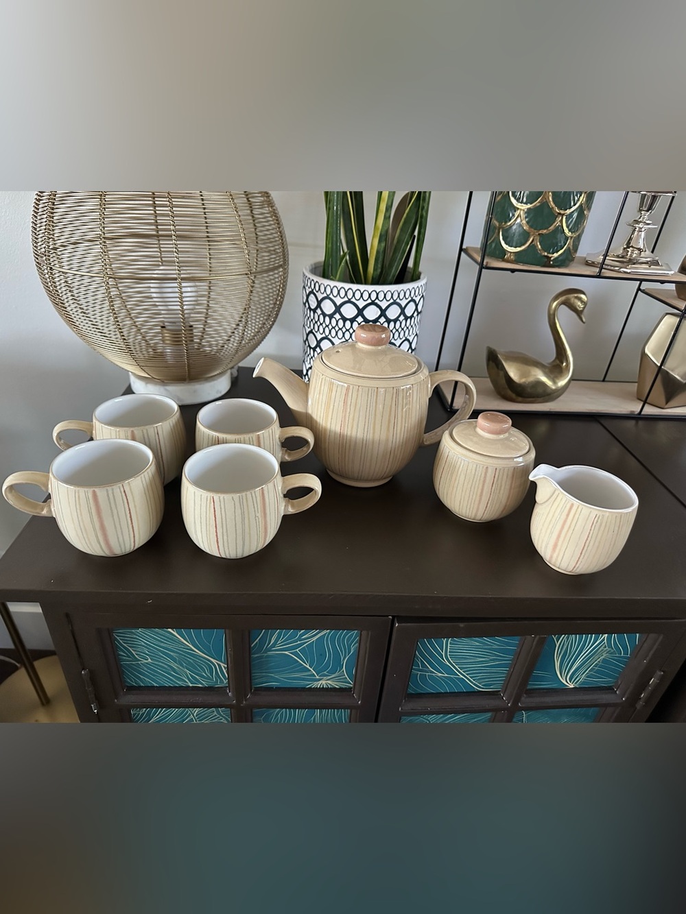 Denby caramel stripes  Tea Set - Cream with Pink Accents